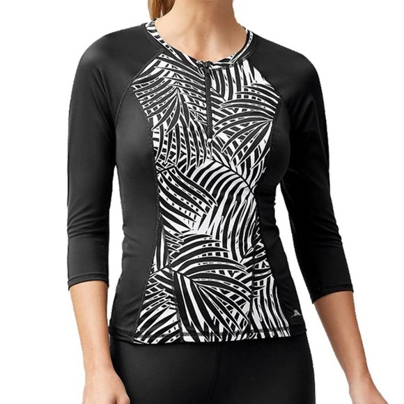 Tommy Bahama Frond Song Active 3/4 Sleeve Tankini Top in Black/White - Picture 2 of 13